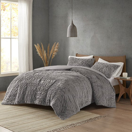 Ruched Fur Down Alternative Comforter Set Grey Full/Queen Olliix.com