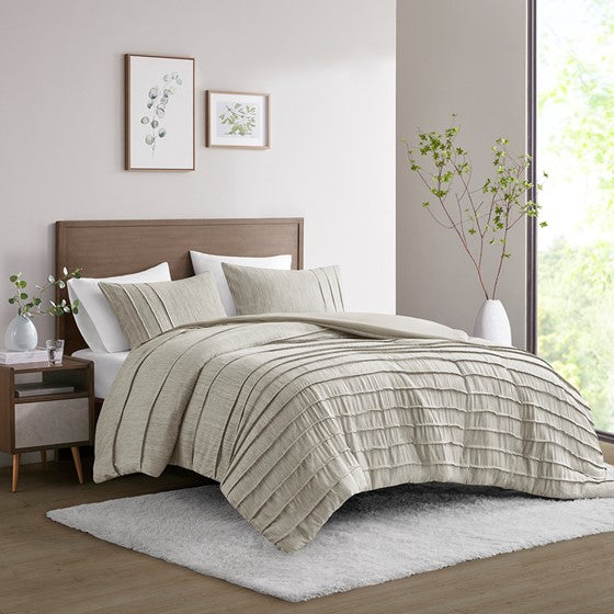 3 Piece Striated Cationic Dyed Oversized Comforter Set With Pleats Natural Full/Queen Olliix.com