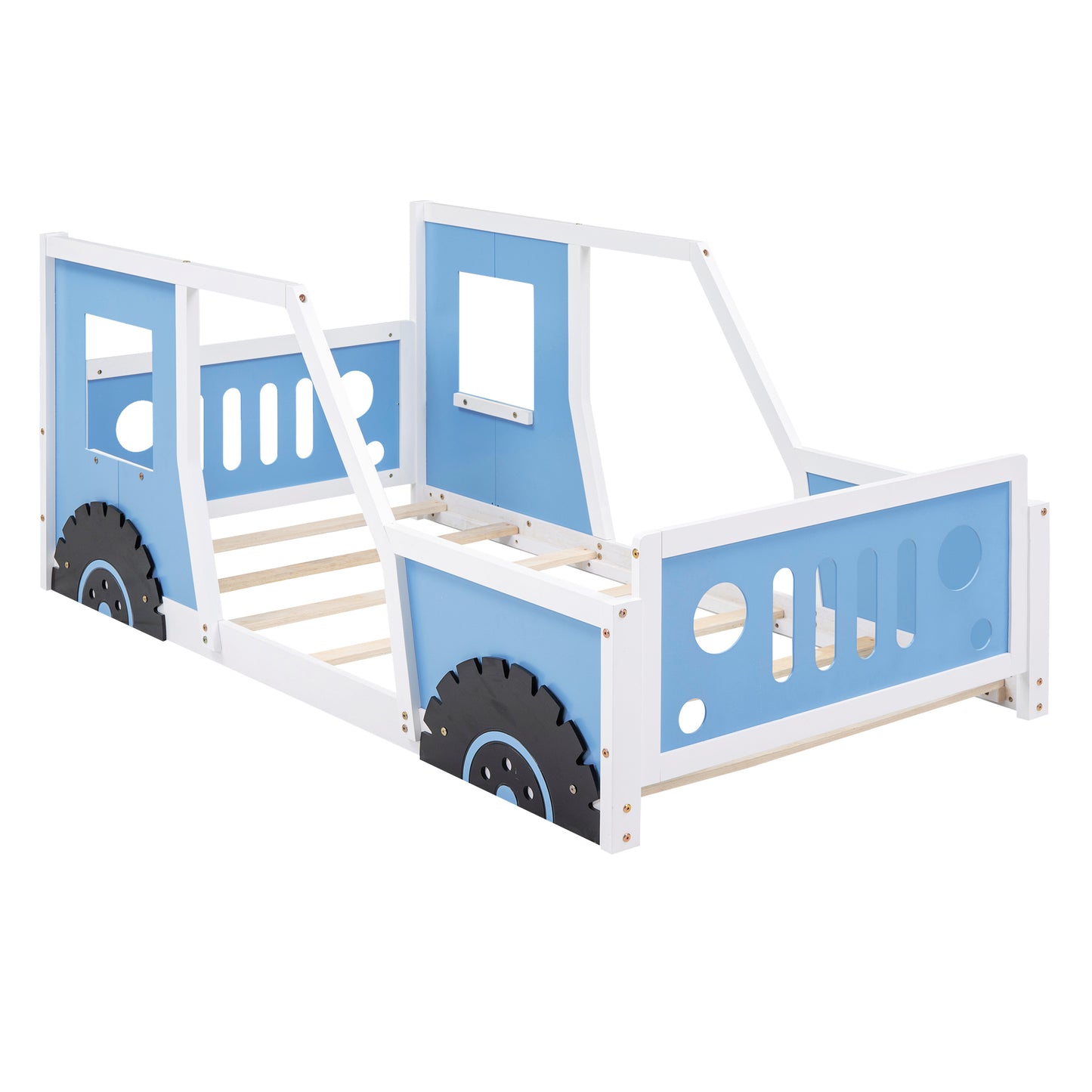 Twin Size Classic Car-Shaped Platform Bed with Wheels,Blue House to Home Furnishings LLC