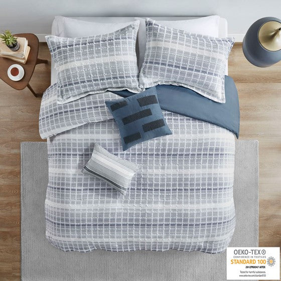 5 Piece Cotton Jacquard Waffle Weave Duvet Cover Set Blue Full/Queen Olliix.com