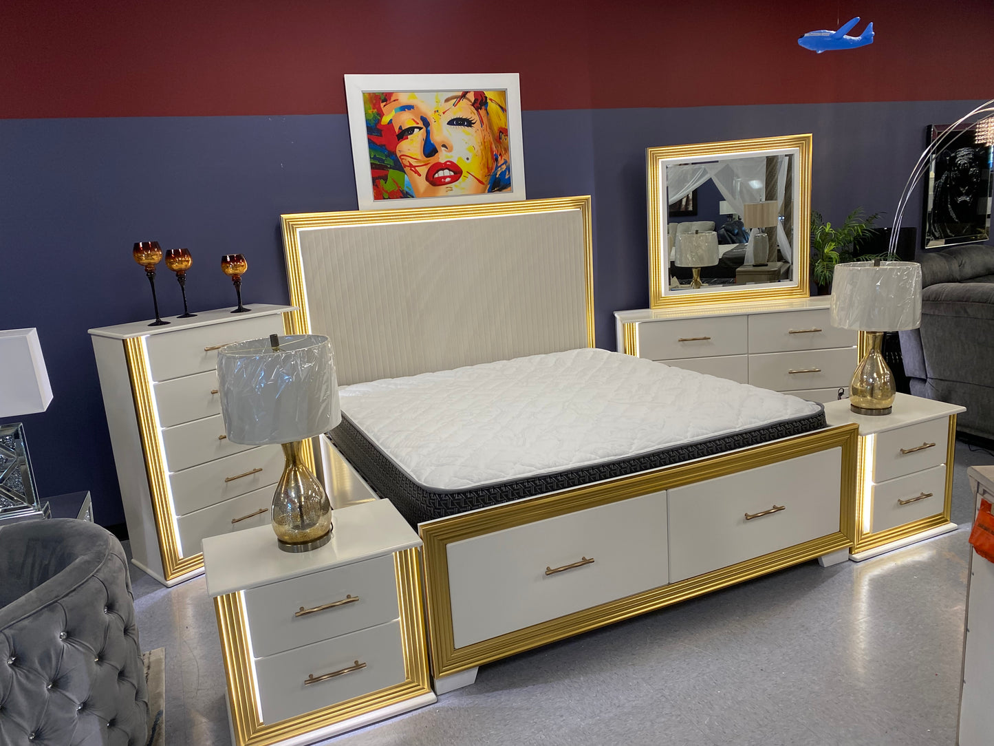 King Obsession 8pc White & Gold💡LED GLOW 💡Upholstered Platform Storage Bedroom Collection House to Home Furnishings LLC