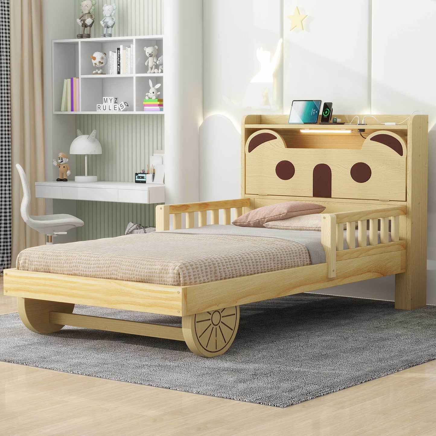 Twin Size Car Bed with Bear-Shaped Headboard, USB and LED, Natural House to Home Furnishings LLC