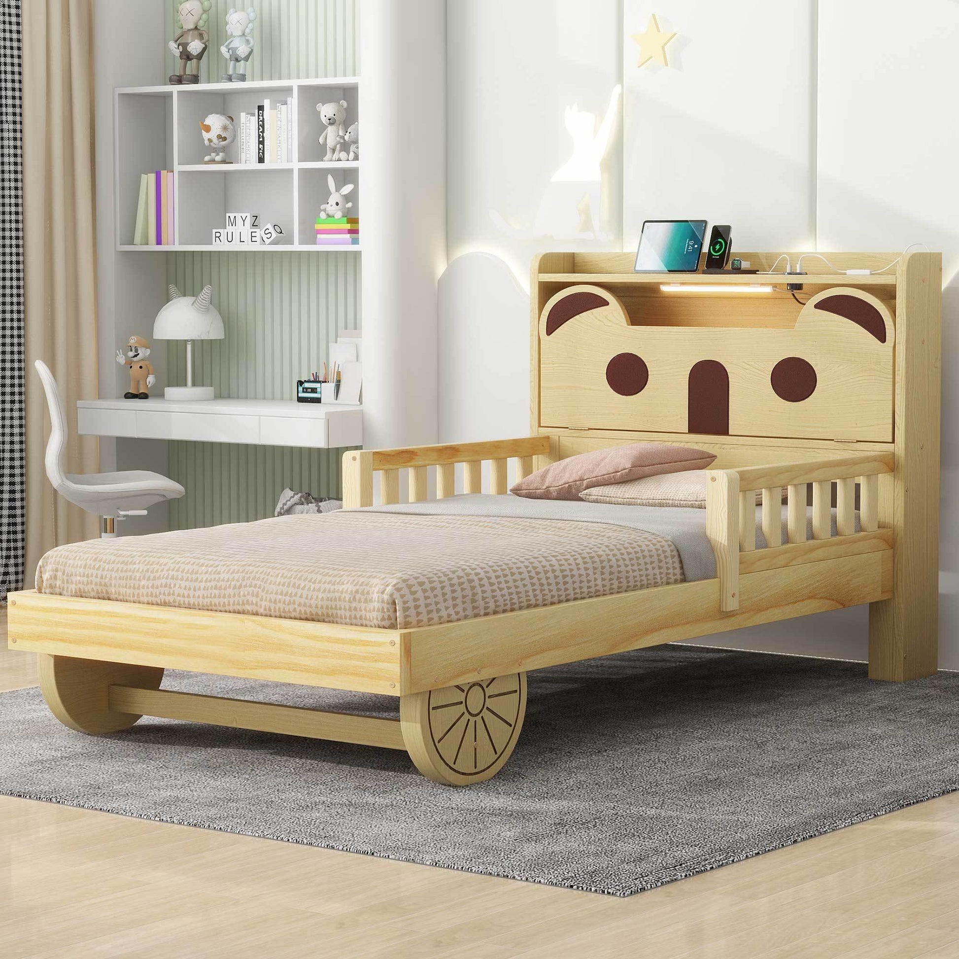 Twin Size Car Bed with Bear-Shaped Headboard, USB and LED, Natural House to Home Furnishings LLC