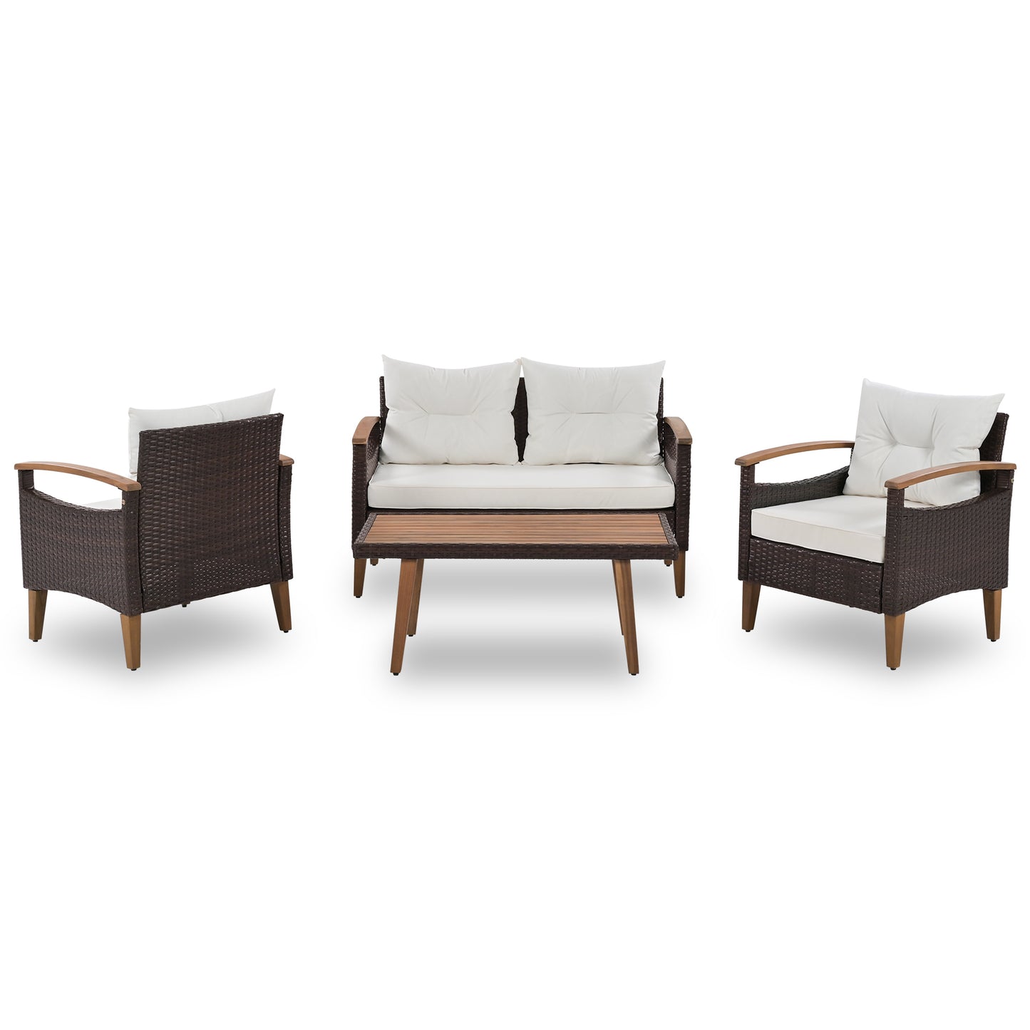 GO 4-Piece Garden Furniture,  Patio Seating Set, PE Rattan Outdoor Sofa Set, Wood Table and Legs, Brown and Beige House to Home Furnishings LLC