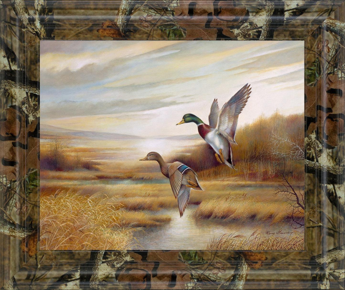 22x26 Mallards By Ruanne Manning And Mossy Oak Native Living - Framed Print Wall Art - Dark Brown Classy Art