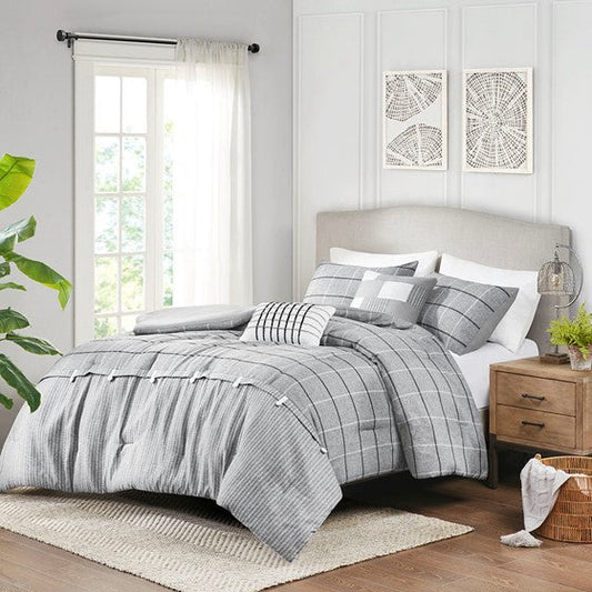 5 Piece Faux Linen Jacquard Comforter Set Gray Cal King Olliix.com