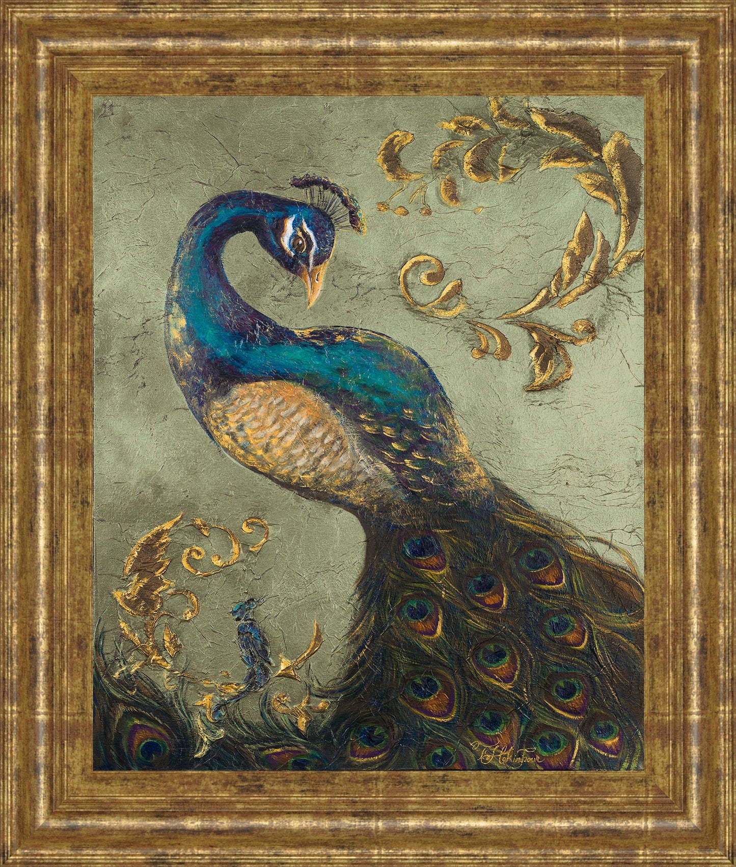 22x26 Peacock On Sage Il By Tiffany Hakimipour - Framed Print Wall Art - Blue Classy Art