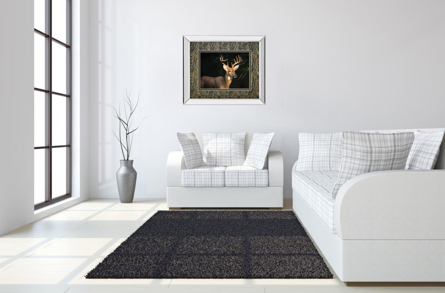 White Tail Buck By Tony Campbell Double Matted - Mirror Framed Print Wall Art - Black Classy Art