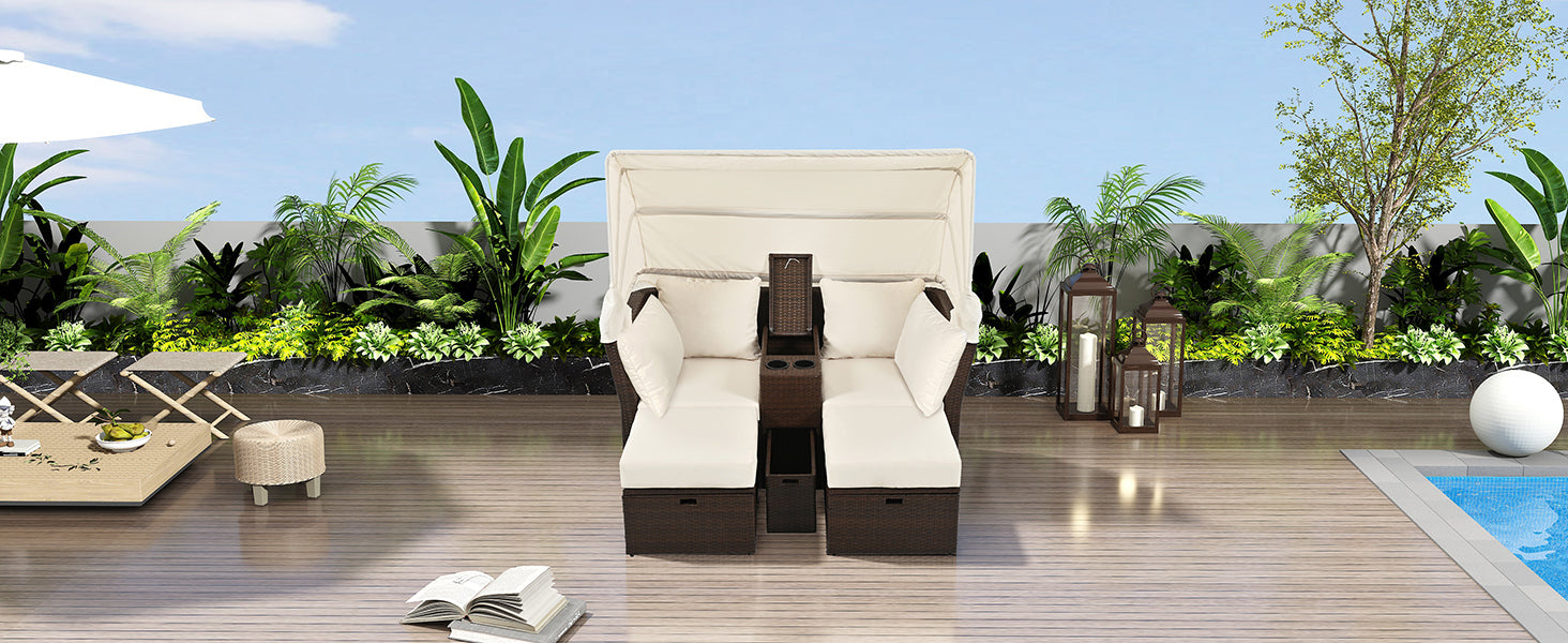 2-Seater Outdoor Patio Daybed Outdoor Double Daybed Outdoor Loveseat Sofa Set with Foldable Awning and Cushions for Garden, Balcony, Poolside, Beige ***(FREE SHIPPING)*** House to Home Furnishings LLC