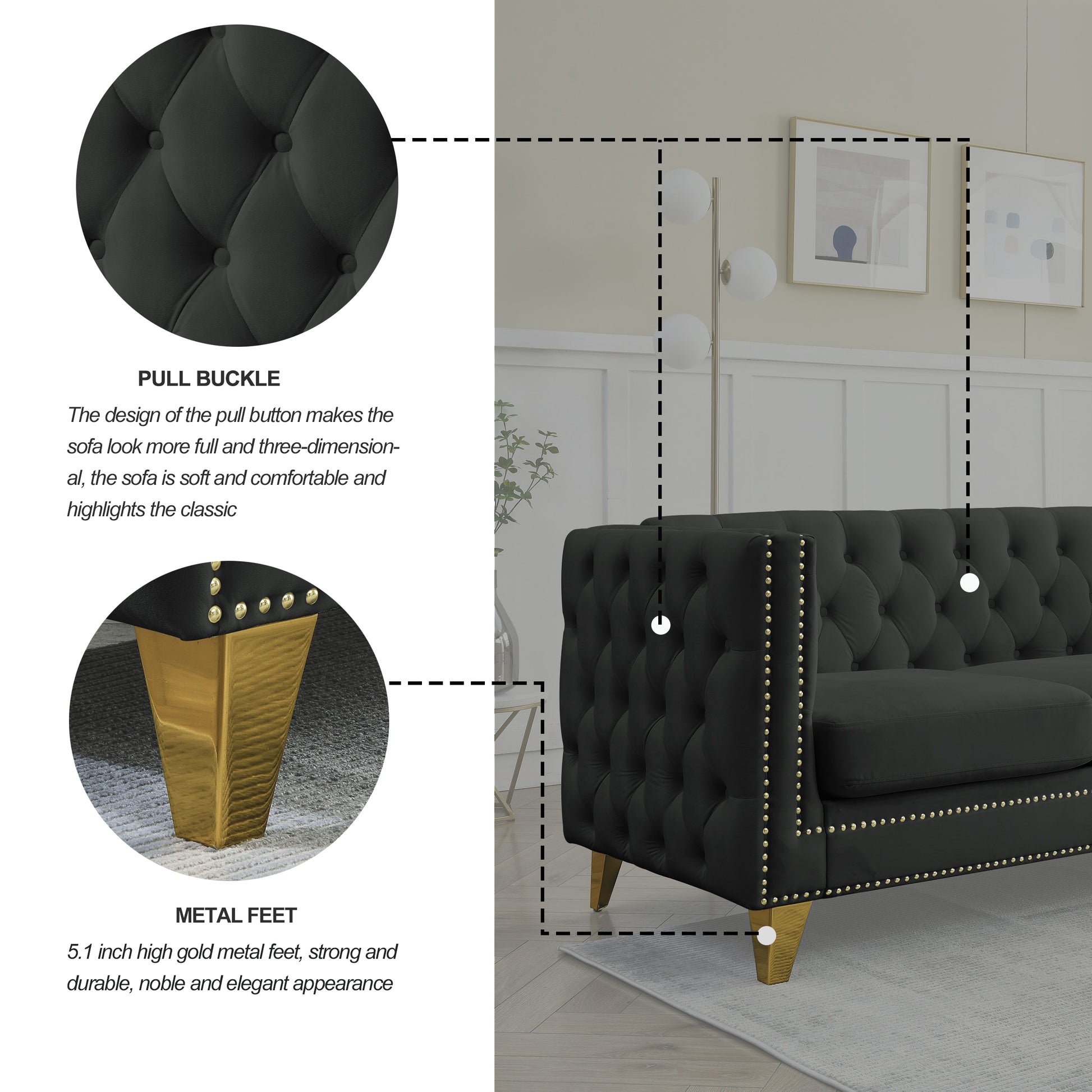 {Contact us for 3D modeling} Velvet Sofa for Living Room,Buttons Tufted Square Arm Couch, Modern Couch Upholstered Button and Metal Legs, Sofa Couch for Bedroom, Black Velvet(W834S00022) House to Home Furnishings LLC