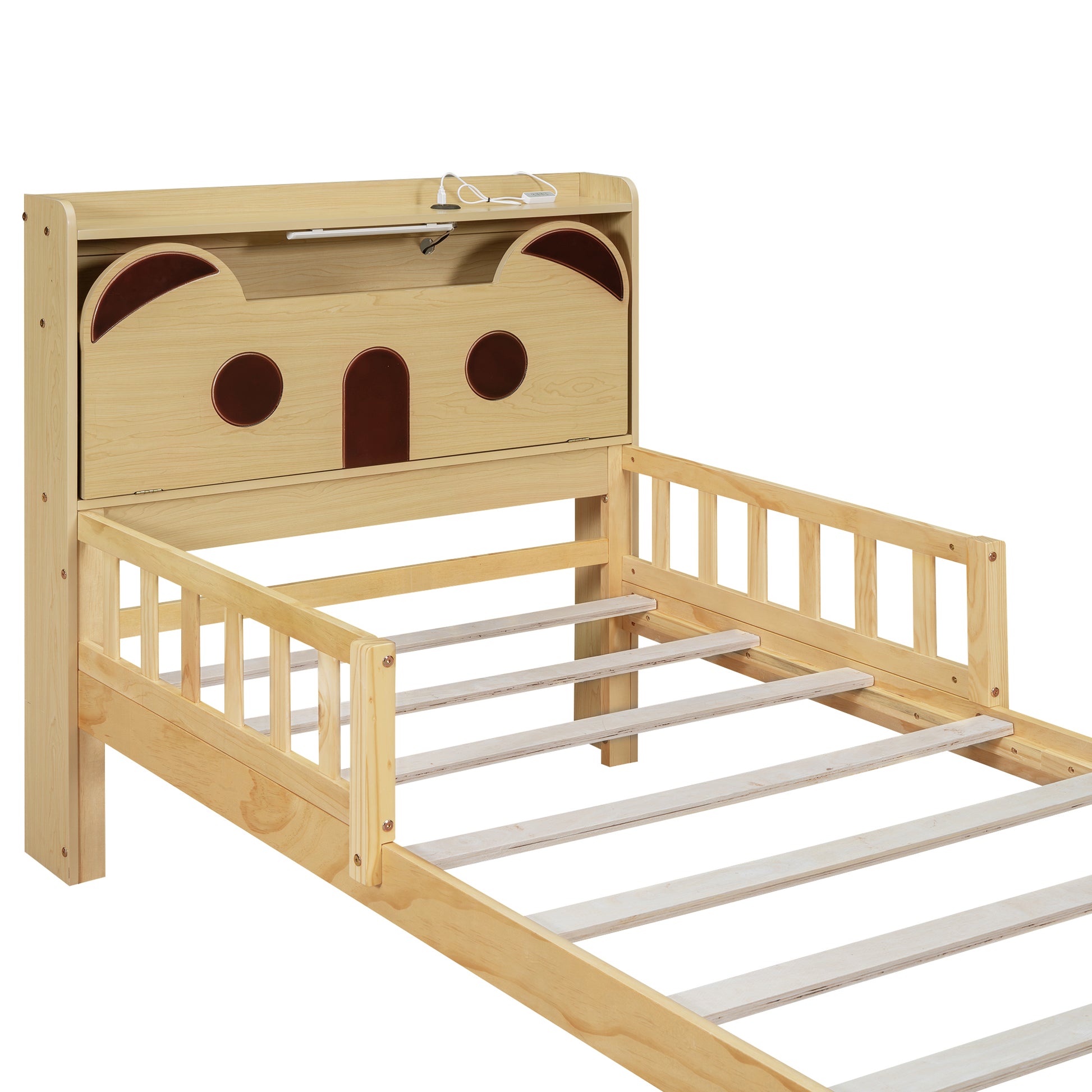 Twin Size Car Bed with Bear-Shaped Headboard, USB and LED, Natural House to Home Furnishings LLC