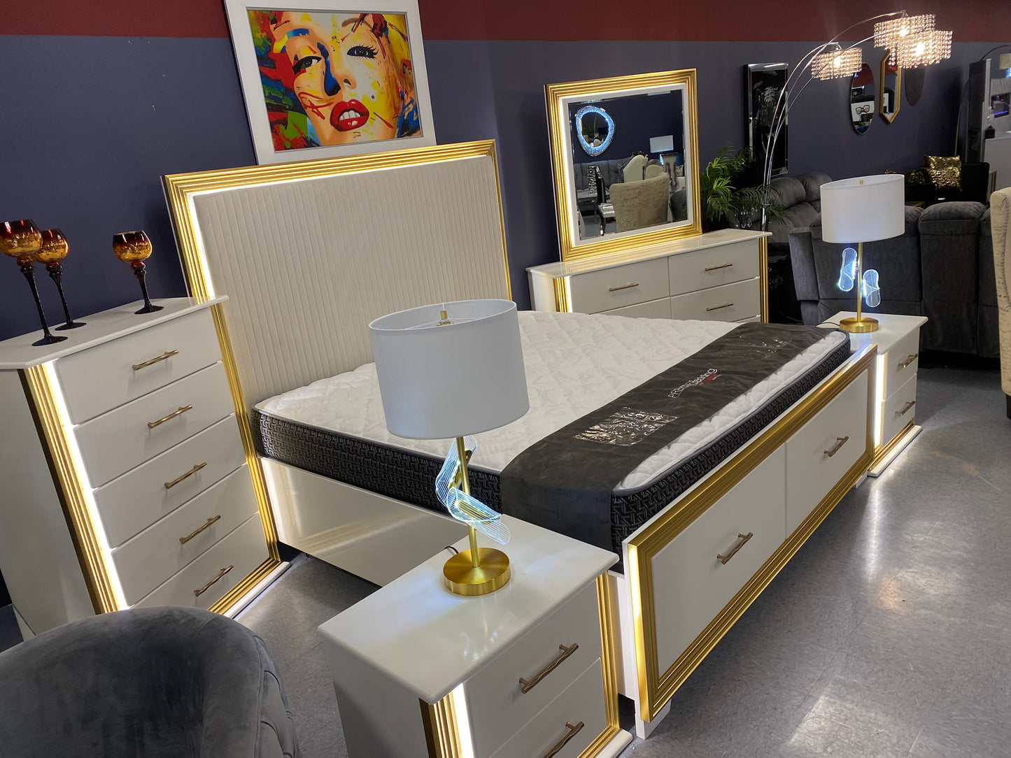 King Obsession 8pc White & Gold💡LED GLOW 💡Upholstered Platform Storage Bedroom Collection House to Home Furnishings LLC