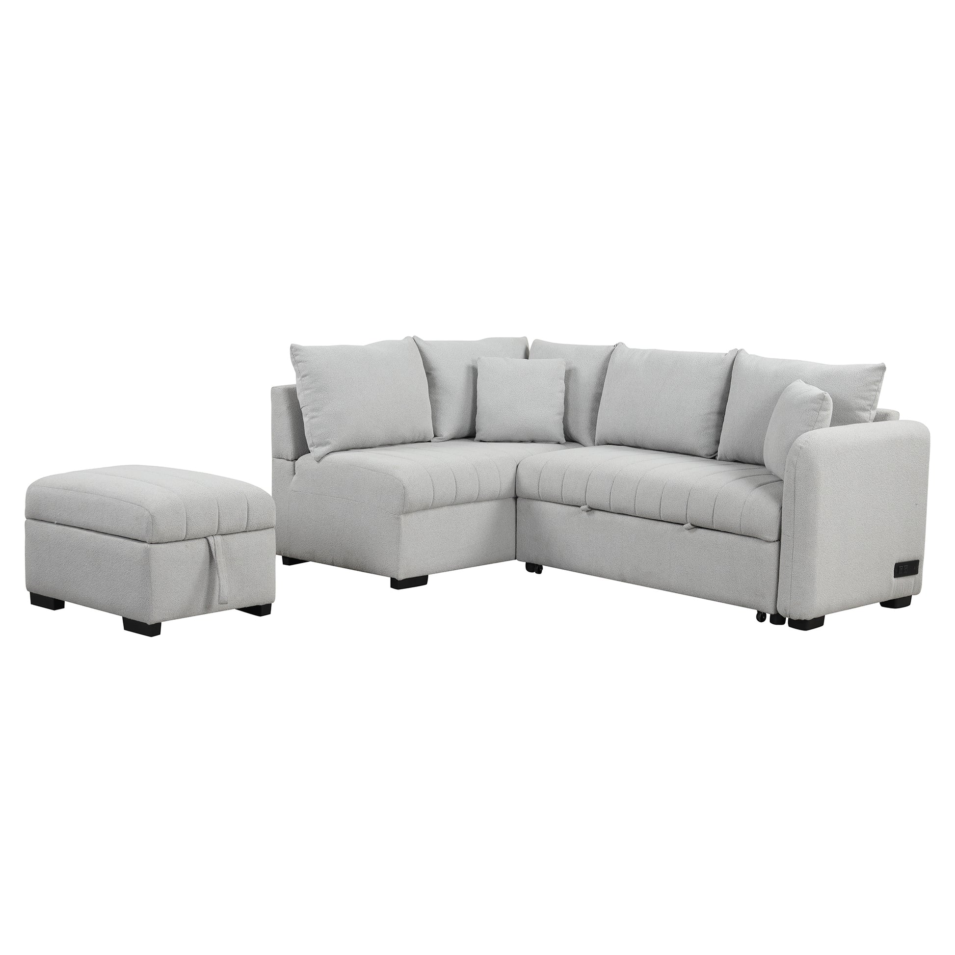 82.6" L-shaped Sectional Pull Out Sofa Bed Sleeper Sofa with Two USB Ports, Two Power Sockets and a Movable Storage Ottoman, Gray ***(FREE SHIPPING)*** House to Home Furnishings LLC