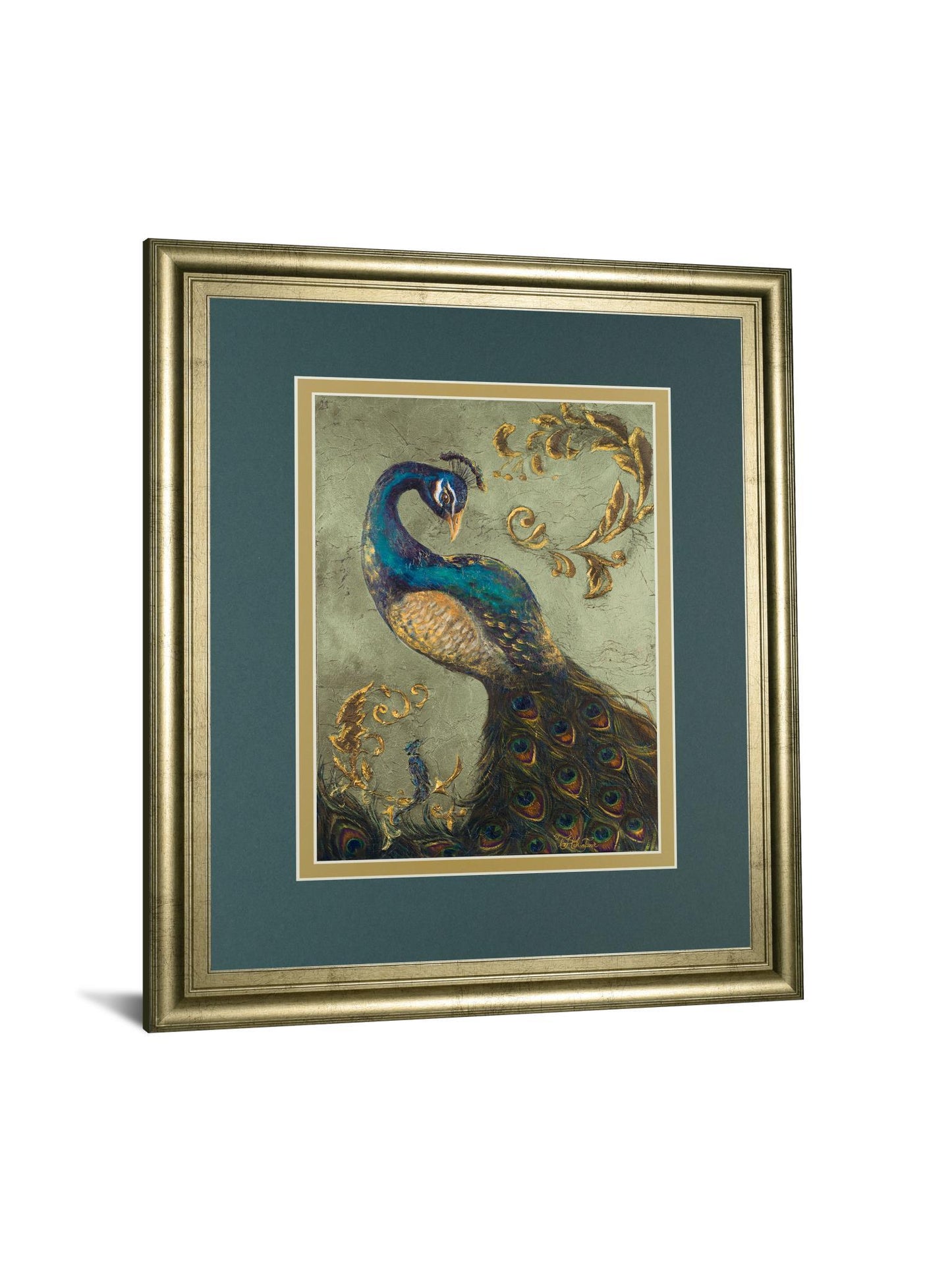 34x40 Peacock On Sage Il By Tiffany Hakimipour - Framed Print Wall Art - Blue Classy Art