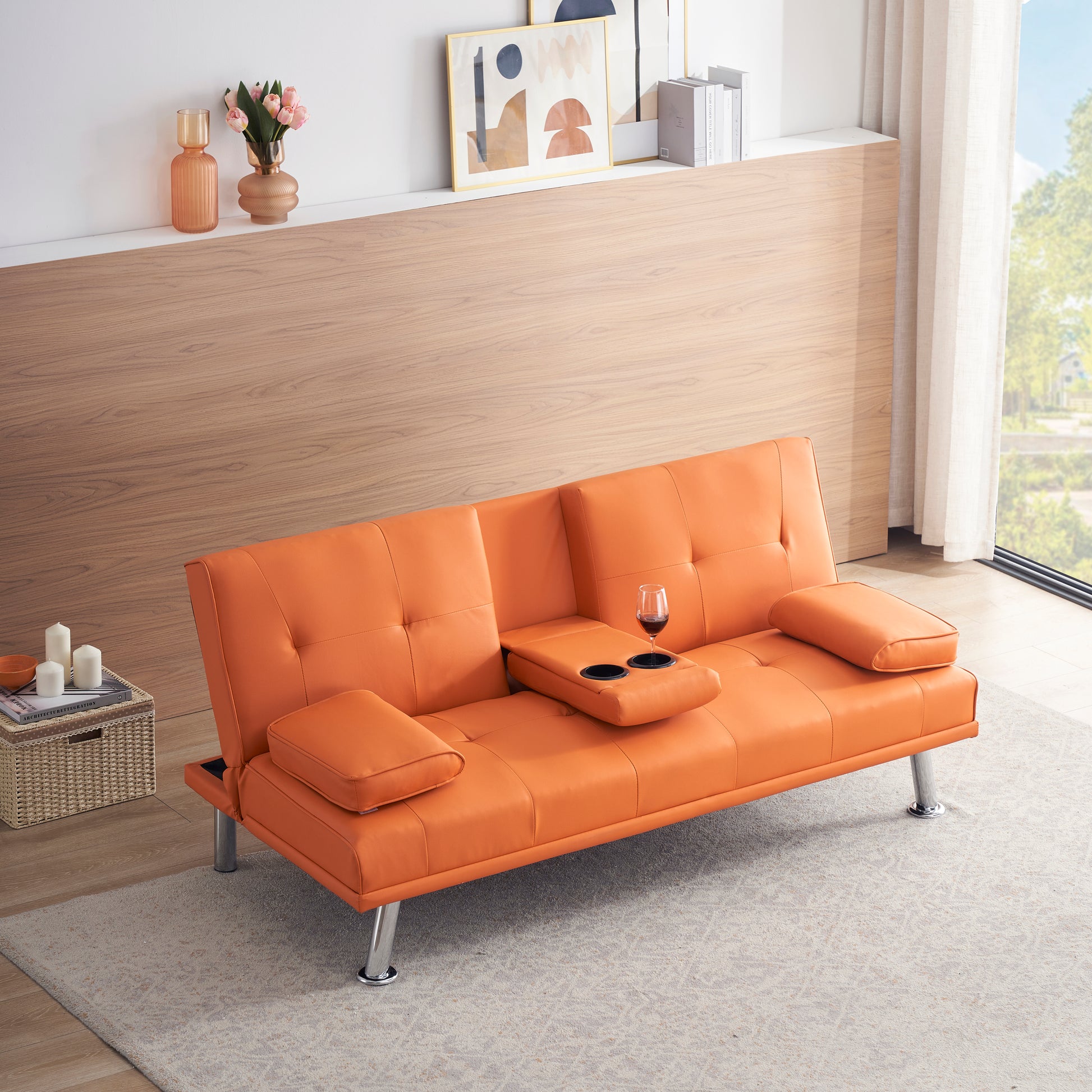 67" Orange Leather Multifunctional Double Folding Sofa Bed for Office with Coffee Table House to Home Furnishings LLC