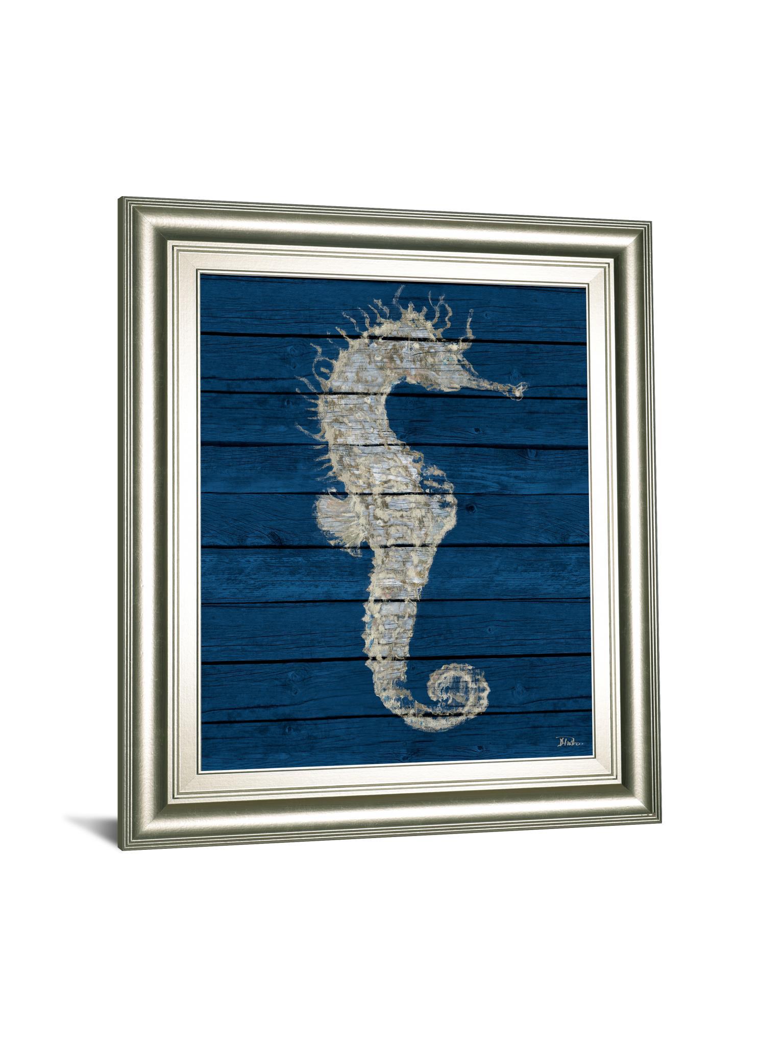 Antique Seahorse On Blue I By Patricia Pinto - Framed Print Wall Art - Blue Classy Art