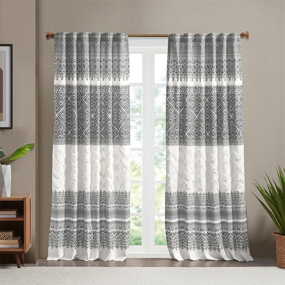 Cotton Printed Curtain Panel with Chenille detail and Lining Gray Olliix.com