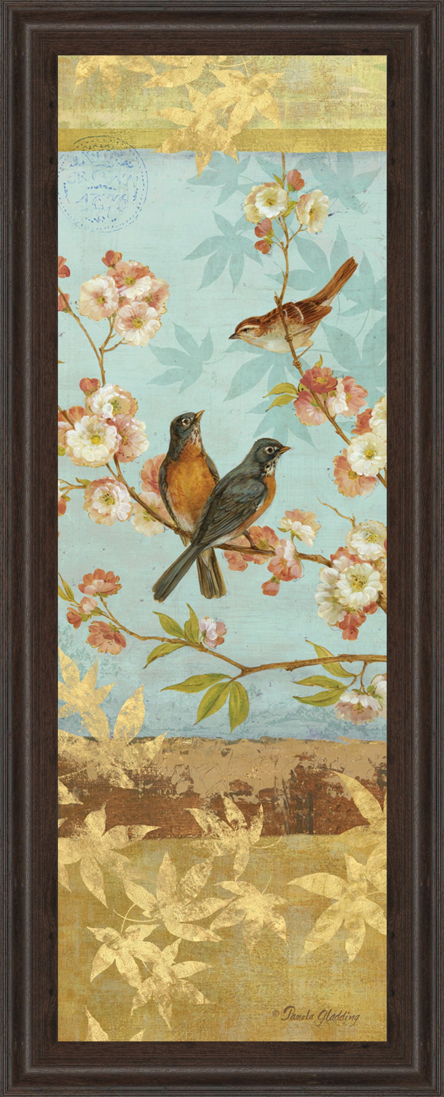 Robins & Blooms Panel By Pamela Gladding - Framed Print Wall Art - Blue Classy Art