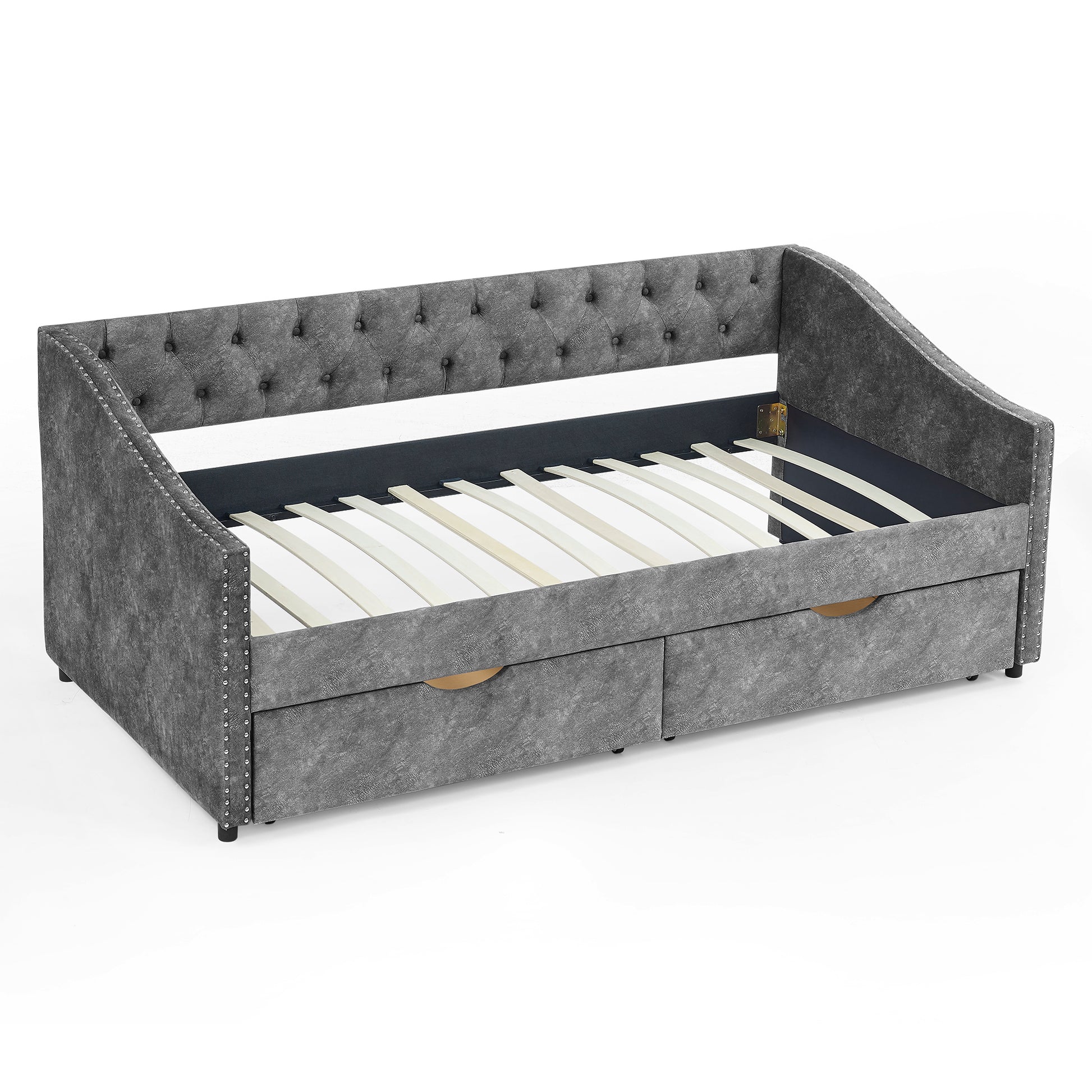 Twin Size Daybed with Drawers Upholstered Tufted Sofa Bed, with Button on Back and Copper Nail on Waved Shape Arms, Grey  (81.5''x4''x30.5'') House to Home Furnishings LLC