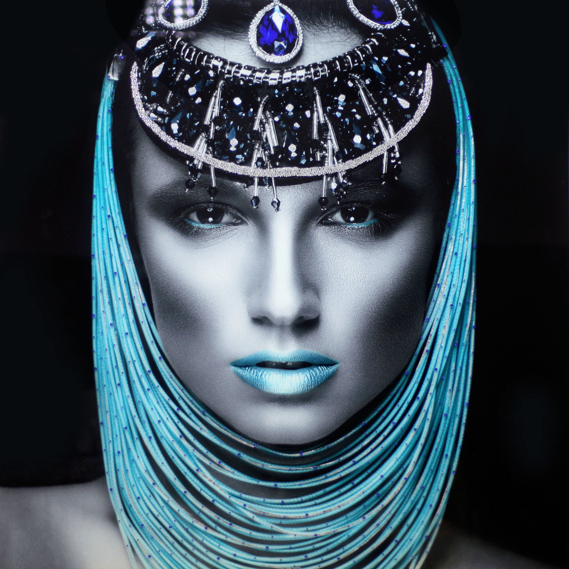 Temp Glass With Foil & Rhinestones - Lady Pharaoh - Blue Classy Art