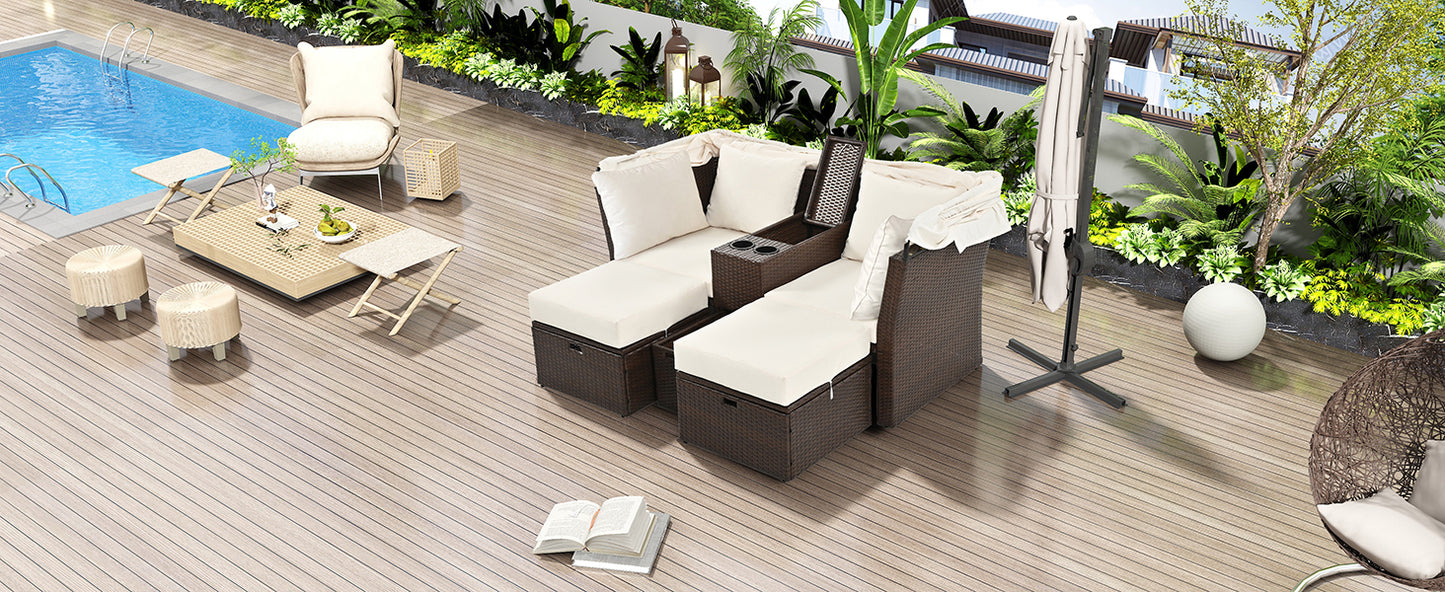 2-Seater Outdoor Patio Daybed Outdoor Double Daybed Outdoor Loveseat Sofa Set with Foldable Awning and Cushions for Garden, Balcony, Poolside, Beige ***(FREE SHIPPING)*** House to Home Furnishings LLC