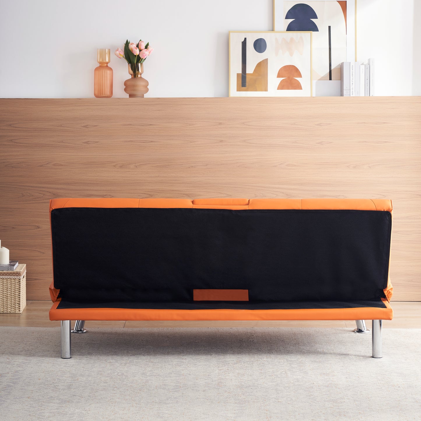 67" Orange Leather Multifunctional Double Folding Sofa Bed for Office with Coffee Table House to Home Furnishings LLC