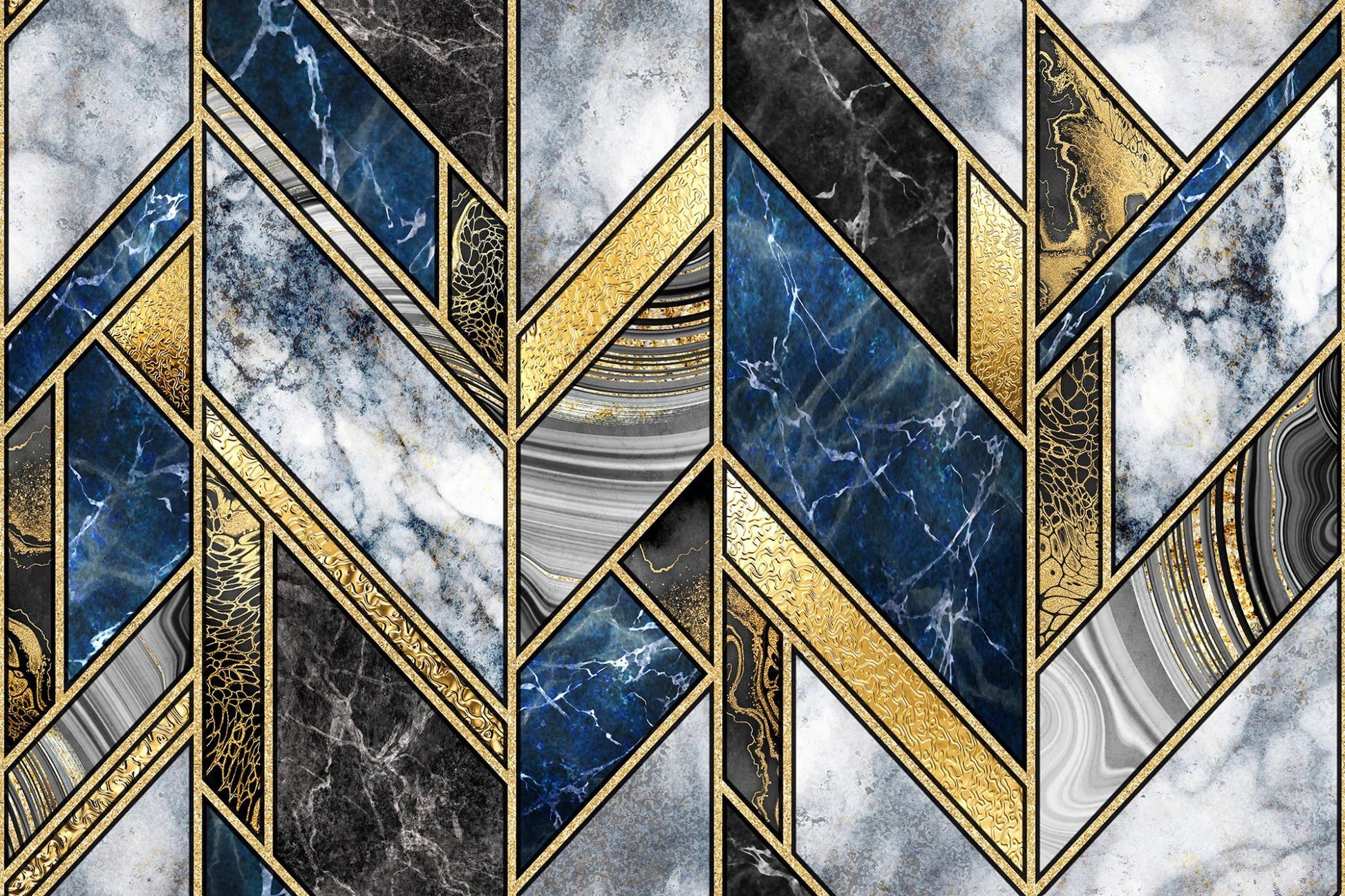 Tempered Glass With Foil - Blue &n Gold Marble Patterns - Pearl Silver Classy Art