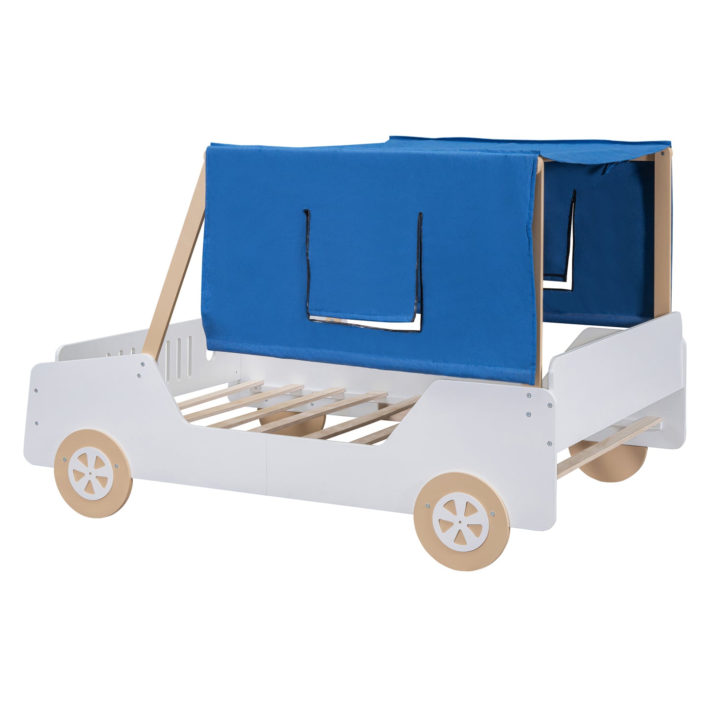 Full Size Car Shaped Bed with Tents,White+Natural House to Home Furnishings LLC