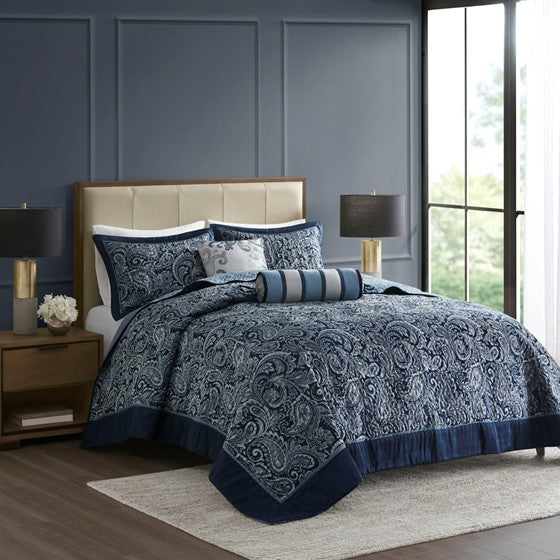 5 Piece Jacquard Bedspread Set with Throw Pillows Navy King Olliix.com