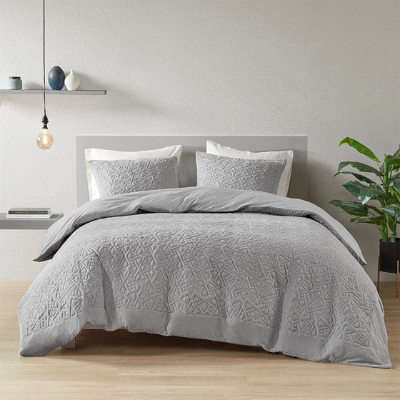 3 Piece Oversized Knit Quilted Top Comforter Mini Set Grey Cal King Olliix.com