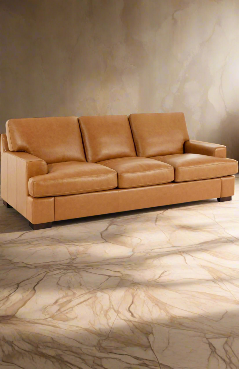 Genuine Cognac Leather (Sofa) Premium Luxurious Comfort Down Filled Cushions House to Home Furnishings LLC