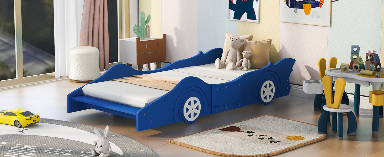 Twin Size Race Car-Shaped Platform Bed with Wheels,Blue (FREE SHIPPING) House to Home Furnishings LLC