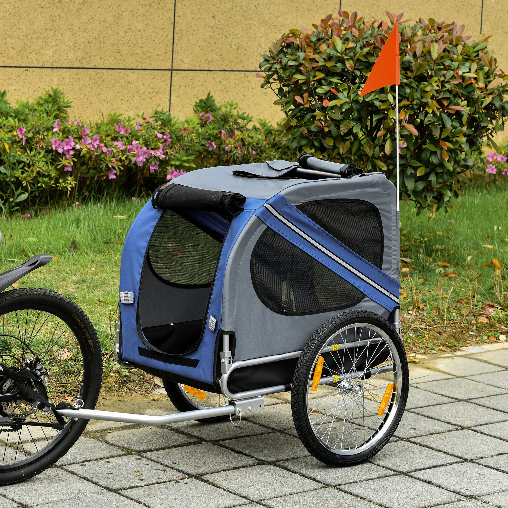 Aosom Dog Bike Trailer Pet Cart Bicycle Wagon Cargo Carrier Attachment for Travel with 3 Entrances Large Wheels for Off-Road & Mesh Screen - Blue / Grey House to Home Furnishings LLC