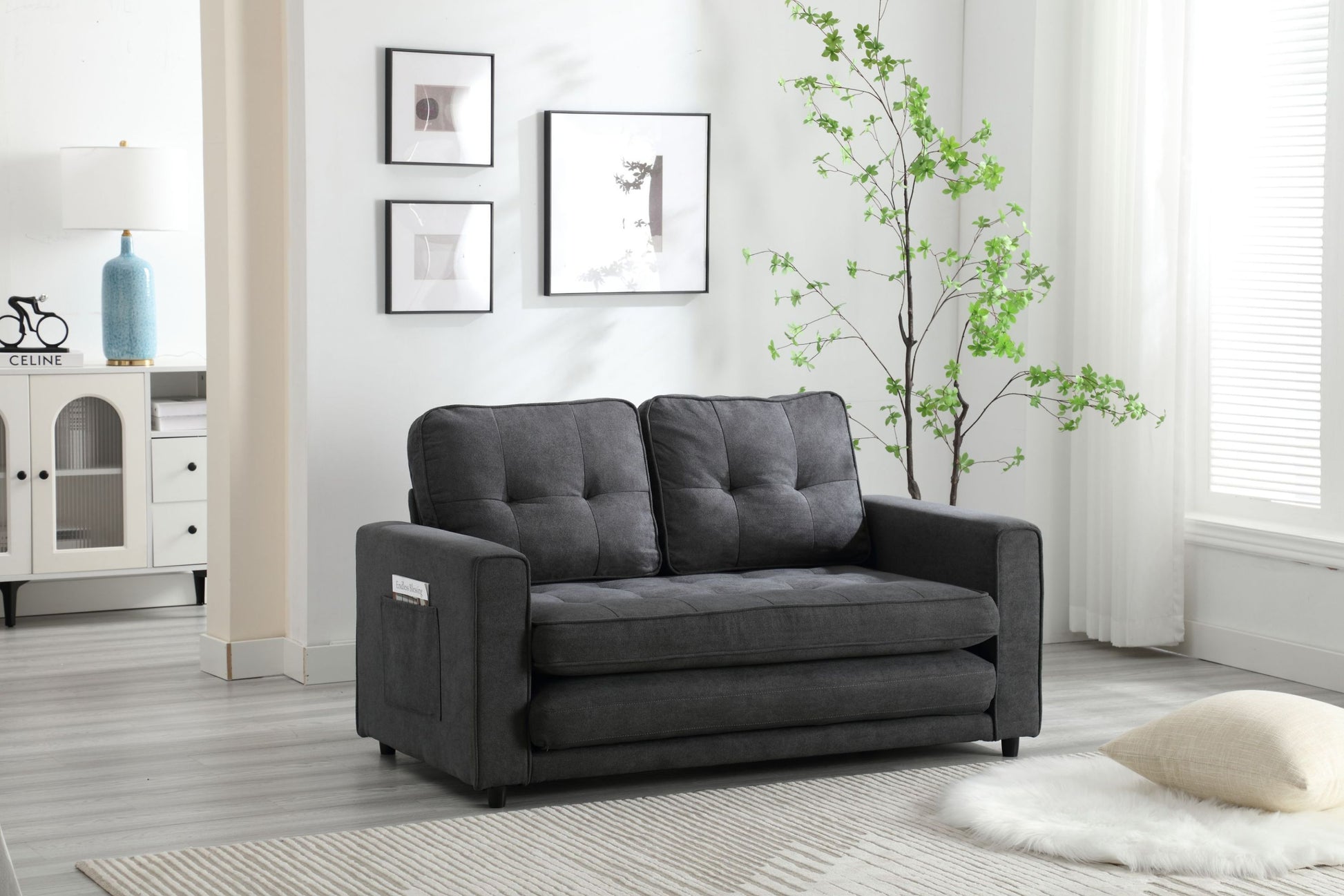 3 Fold Sofa,Convertible Futon Couch sleeper sofabed,Space saving loveseat,Pull Out Couch Bed for Living Room,Dark Gray & Light Gray & Beige,Velvet linen fabric House to Home Furnishings LLC