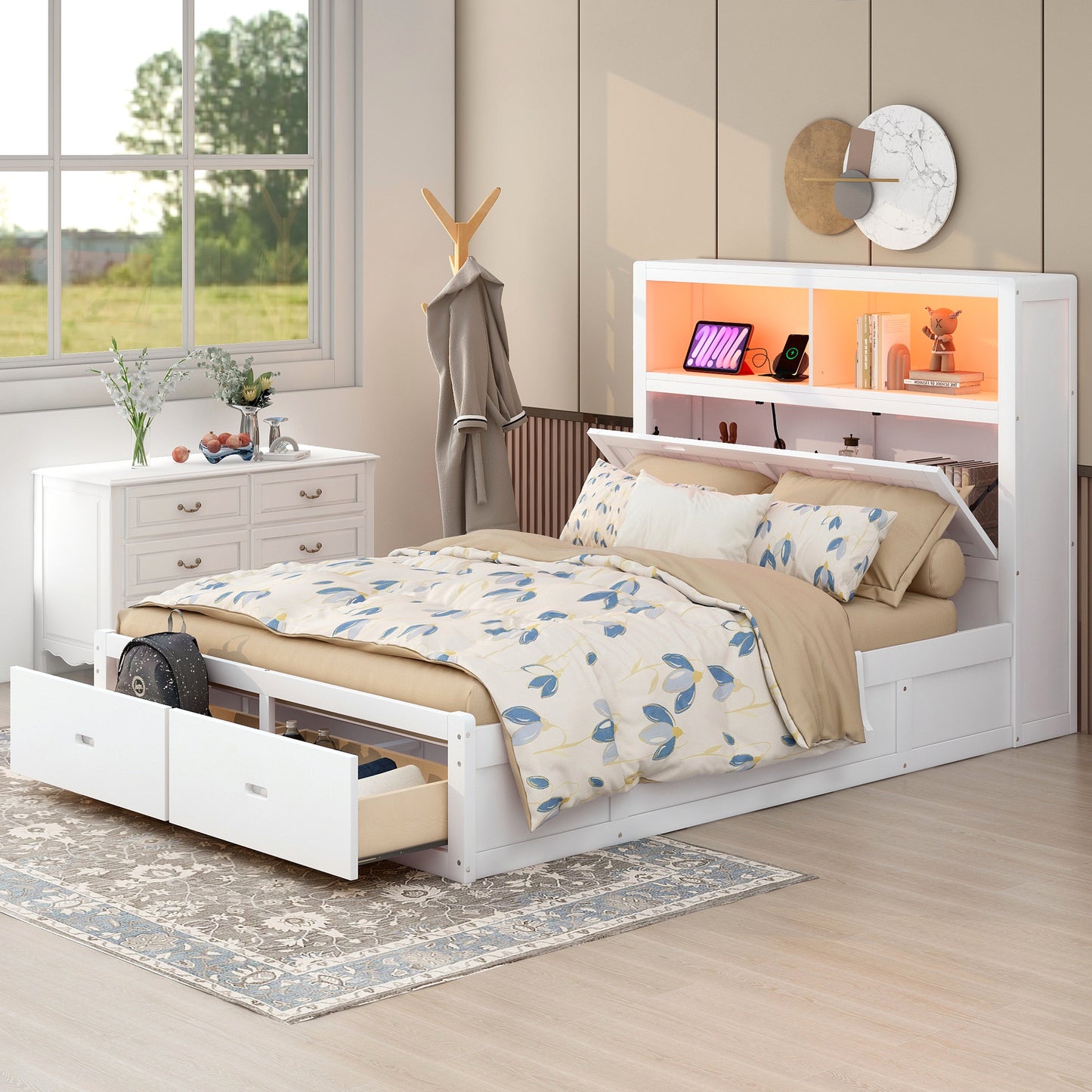 Wood Queen Size Hydraulic Platform Bed with Storage LED Headboard, Charging Station and 2 Drawers, White (FREE SHIPPING) House to Home Furnishings LLC