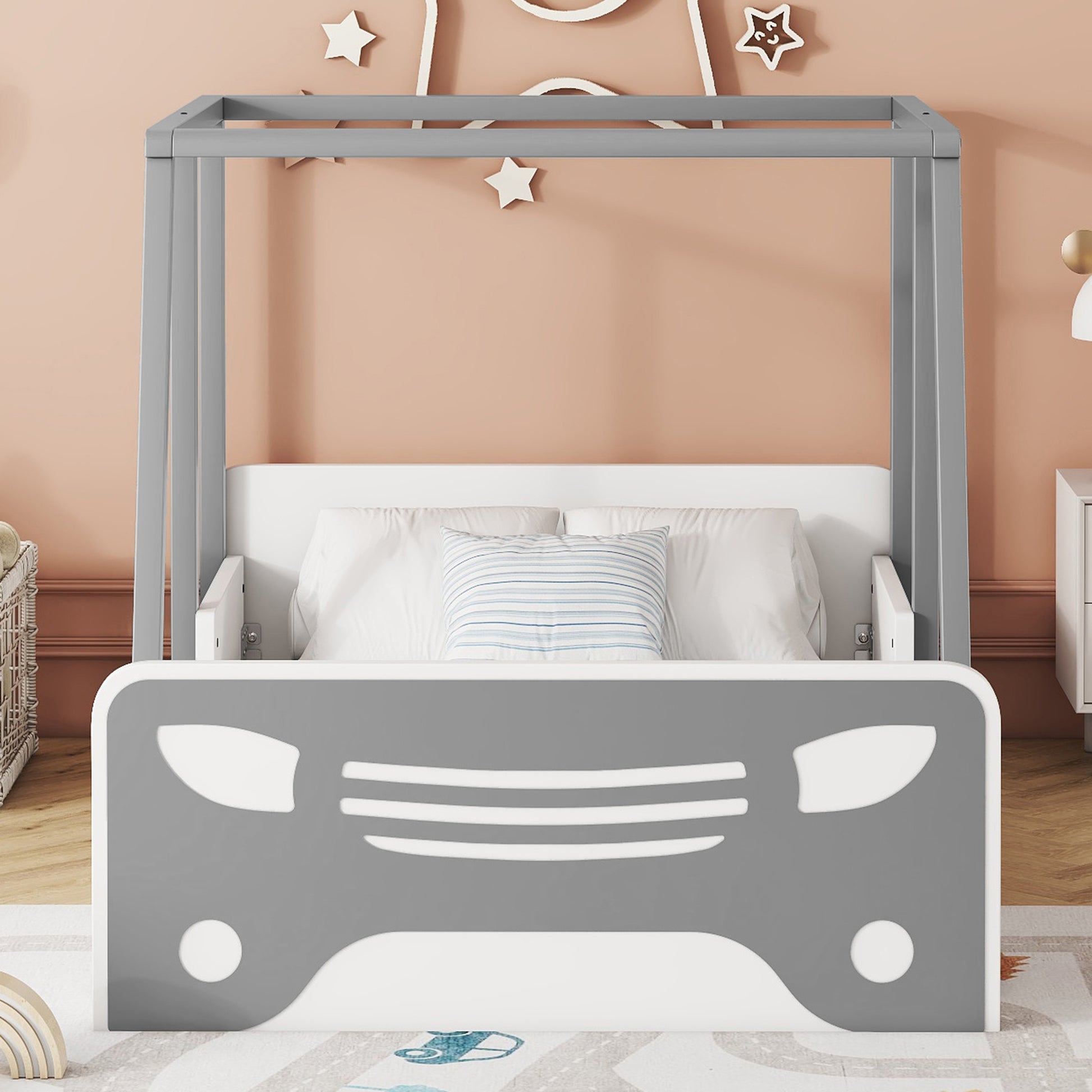 Twin Size Car-shaped Bed with Roof,Wooden Twin Floor Bed with wheels and door Design,Montessori Inspired Bedroom,Grey House to Home Furnishings LLC