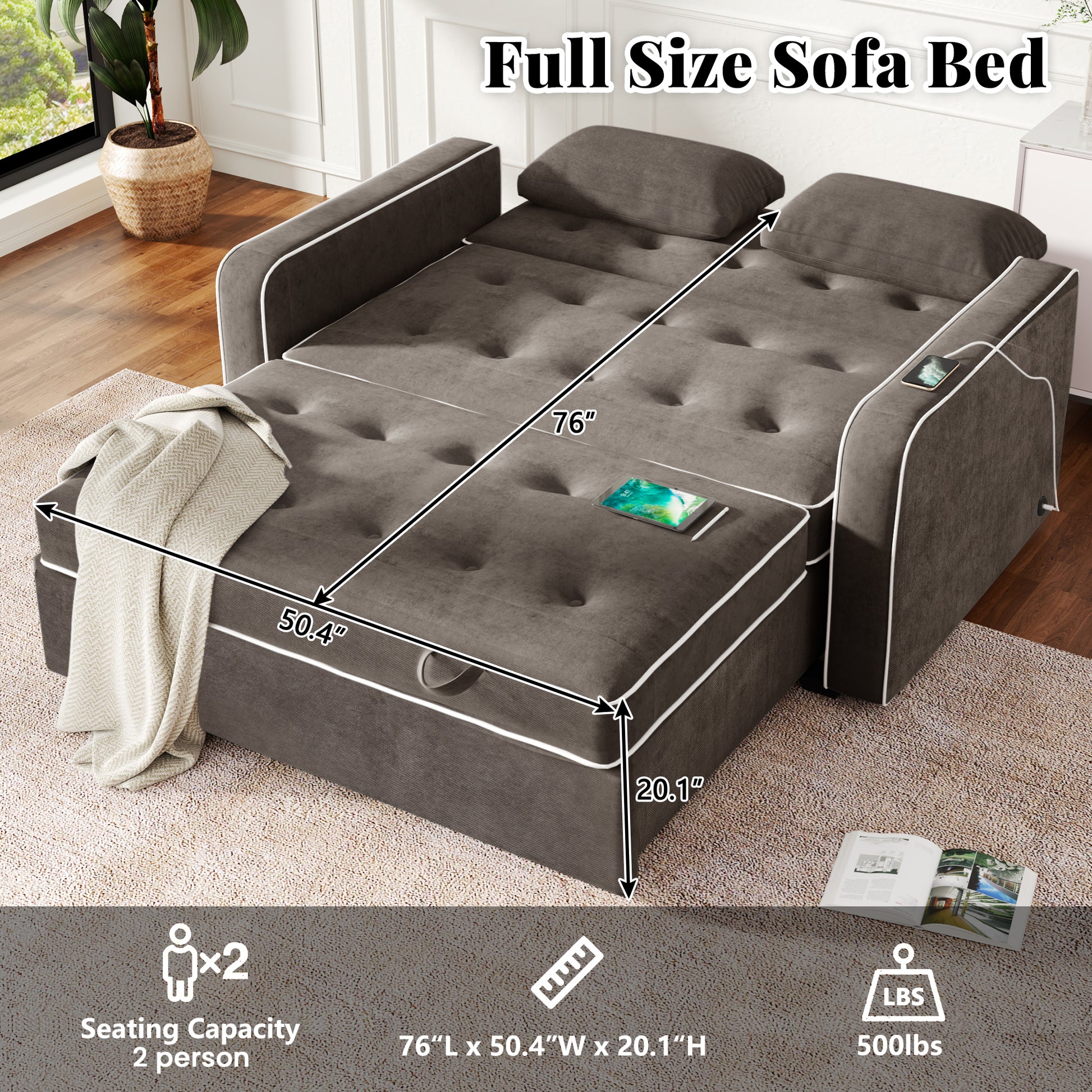 65.7" Linen Upholstered Sleeper Bed , Pull Out Sofa Bed Couch attached two throw pillows,Dual USB Charging Port and Adjustable Backrest for Living Room Space,BROWN GRAY House to Home Furnishings LLC