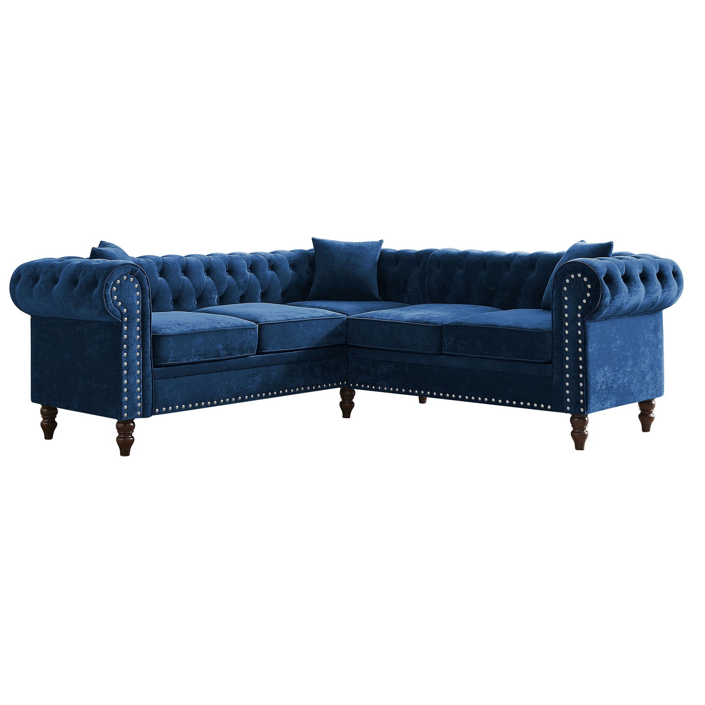 80" Inch Deep Button Tufted Upholstered Roll Arm Luxury Classic Chesterfield L-shaped Sofa 3 Pillows Included, Solid Wood Gourd Legs, Blue Velvet House to Home Furnishings LLC