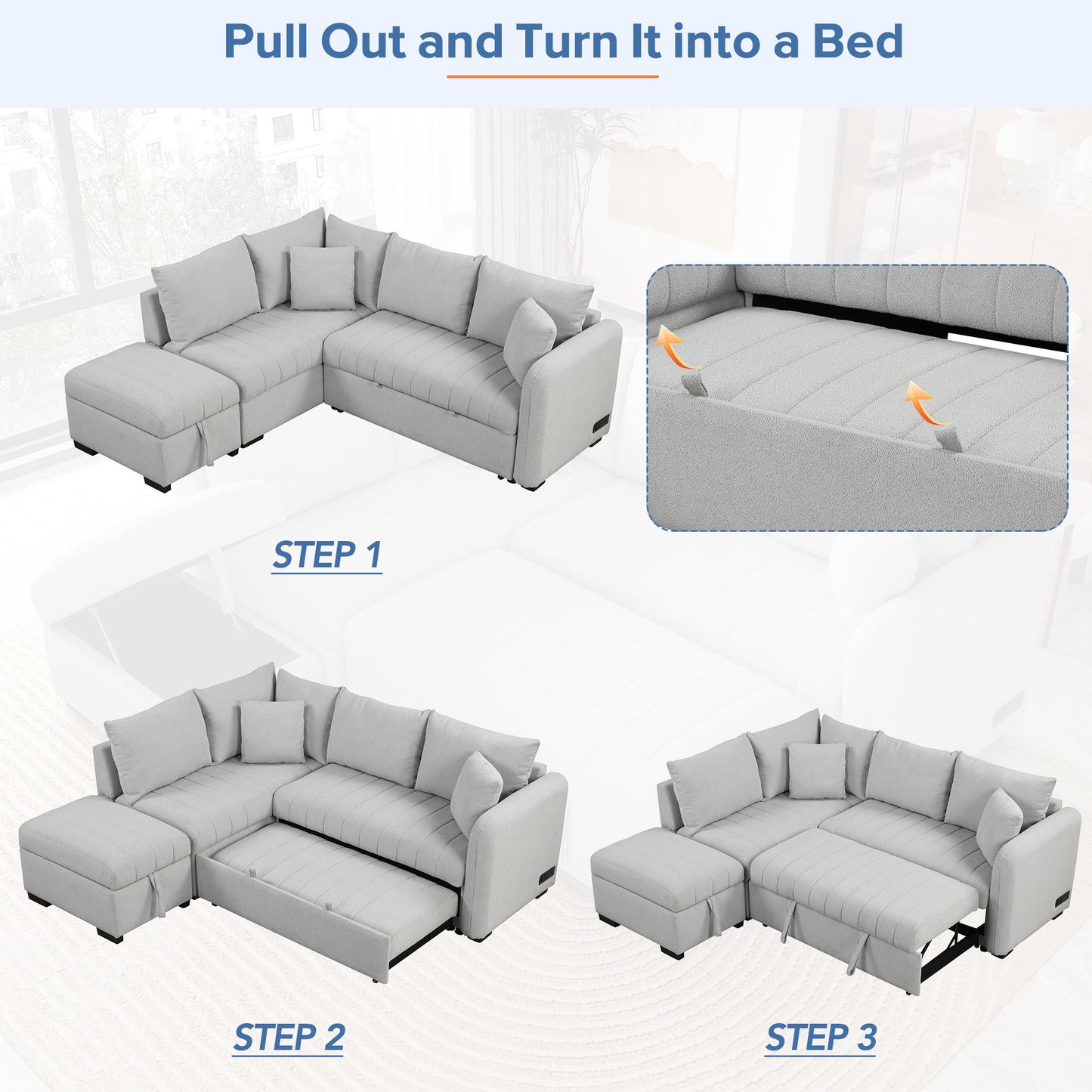 82.6" L-shaped Sectional Pull Out Sofa Bed Sleeper Sofa with Two USB Ports, Two Power Sockets and a Movable Storage Ottoman, Gray ***(FREE SHIPPING)*** House to Home Furnishings LLC