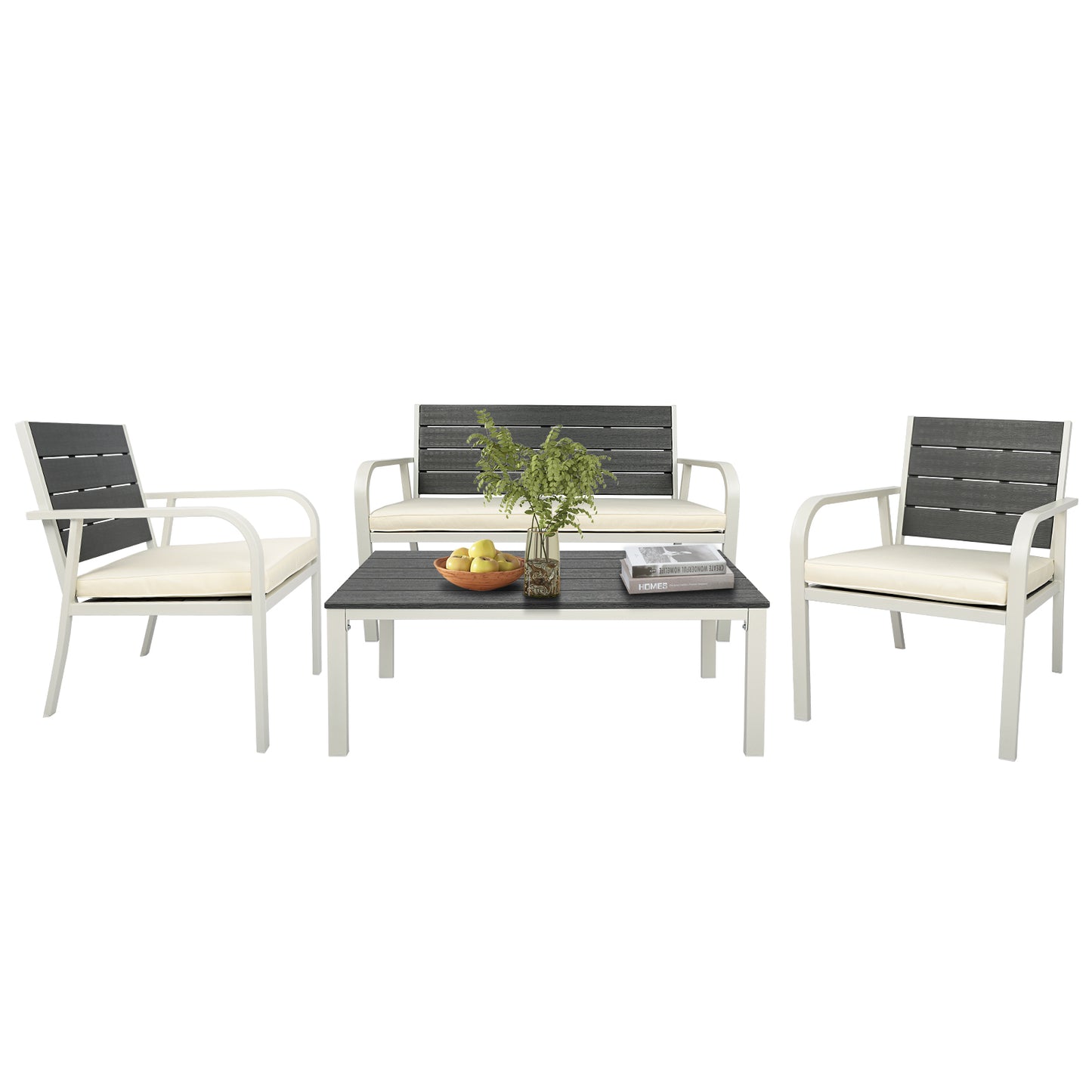 4 Pieces Patio Garden Sofa Conversation Set Wood Grain Design PE Steel Frame Loveseat All Weather Outdoor Furniture Set with Cushions Coffee Table for Backyard Balcony Lawn White House to Home Furnishings LLC