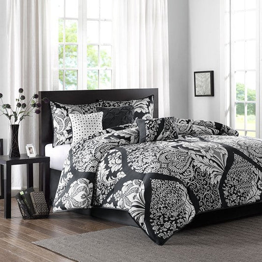 7 Piece Cotton Printed Comforter Set Black Queen Olliix.com