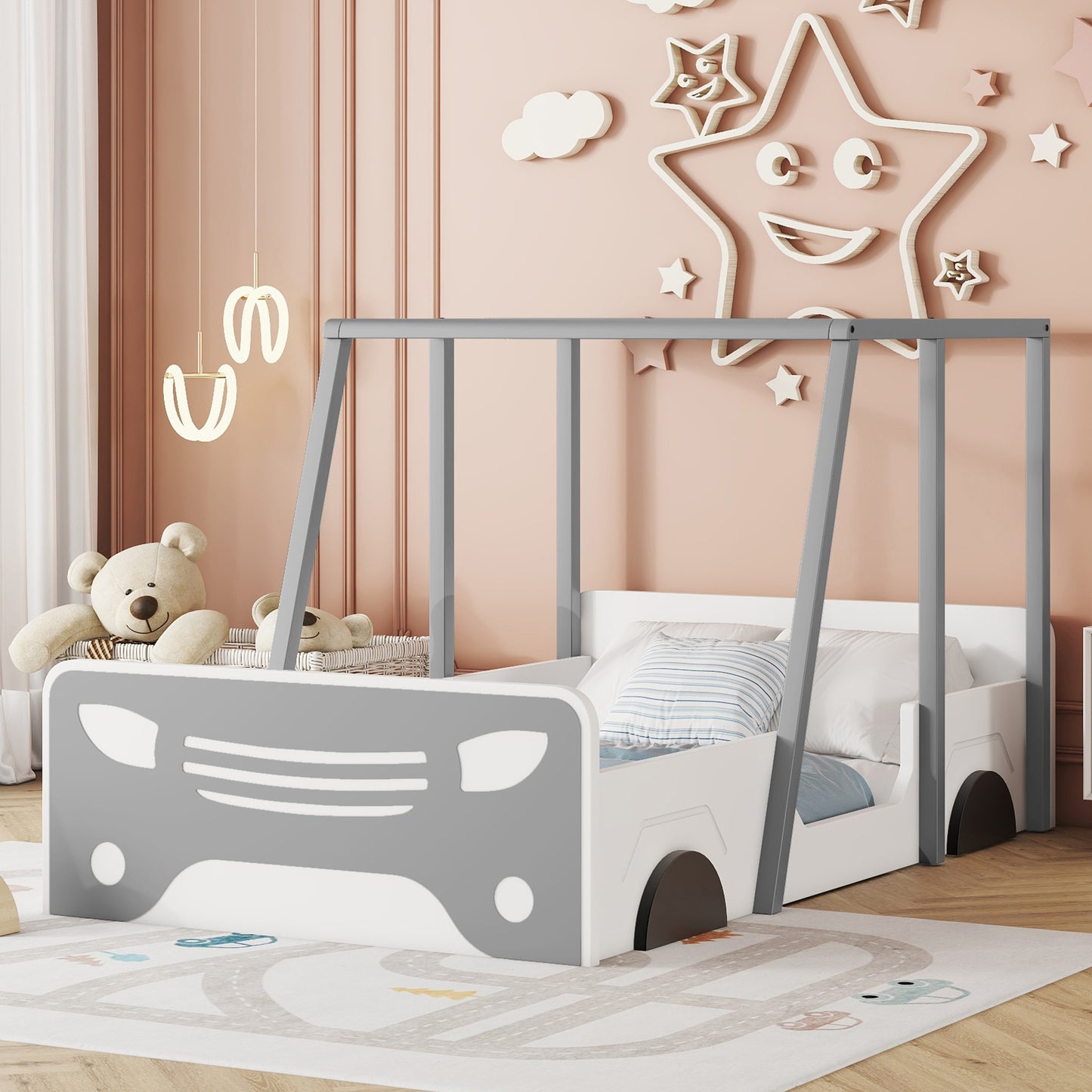 Twin Size Car-shaped Bed with Roof,Wooden Twin Floor Bed with wheels and door Design,Montessori Inspired Bedroom,Grey House to Home Furnishings LLC