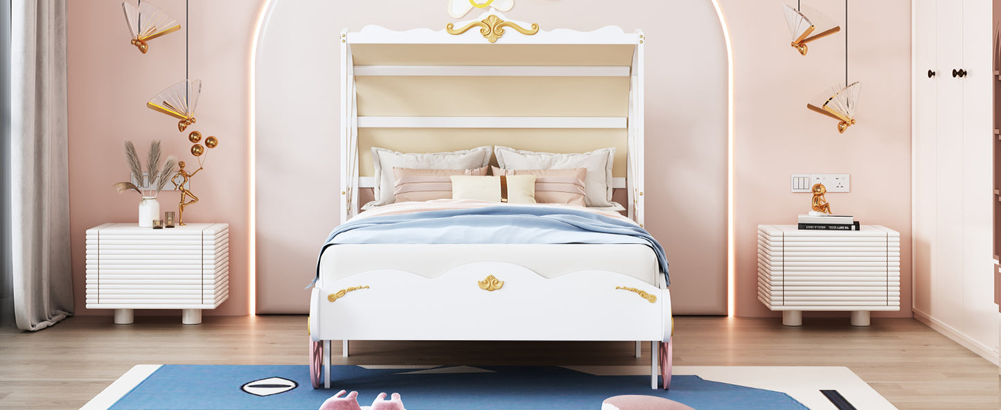 Twin Size Princess Carriage Bed with Canopy, Wood Platform Car Bed with 3D Carving Pattern, White+Pink+Gold House to Home Furnishings LLC