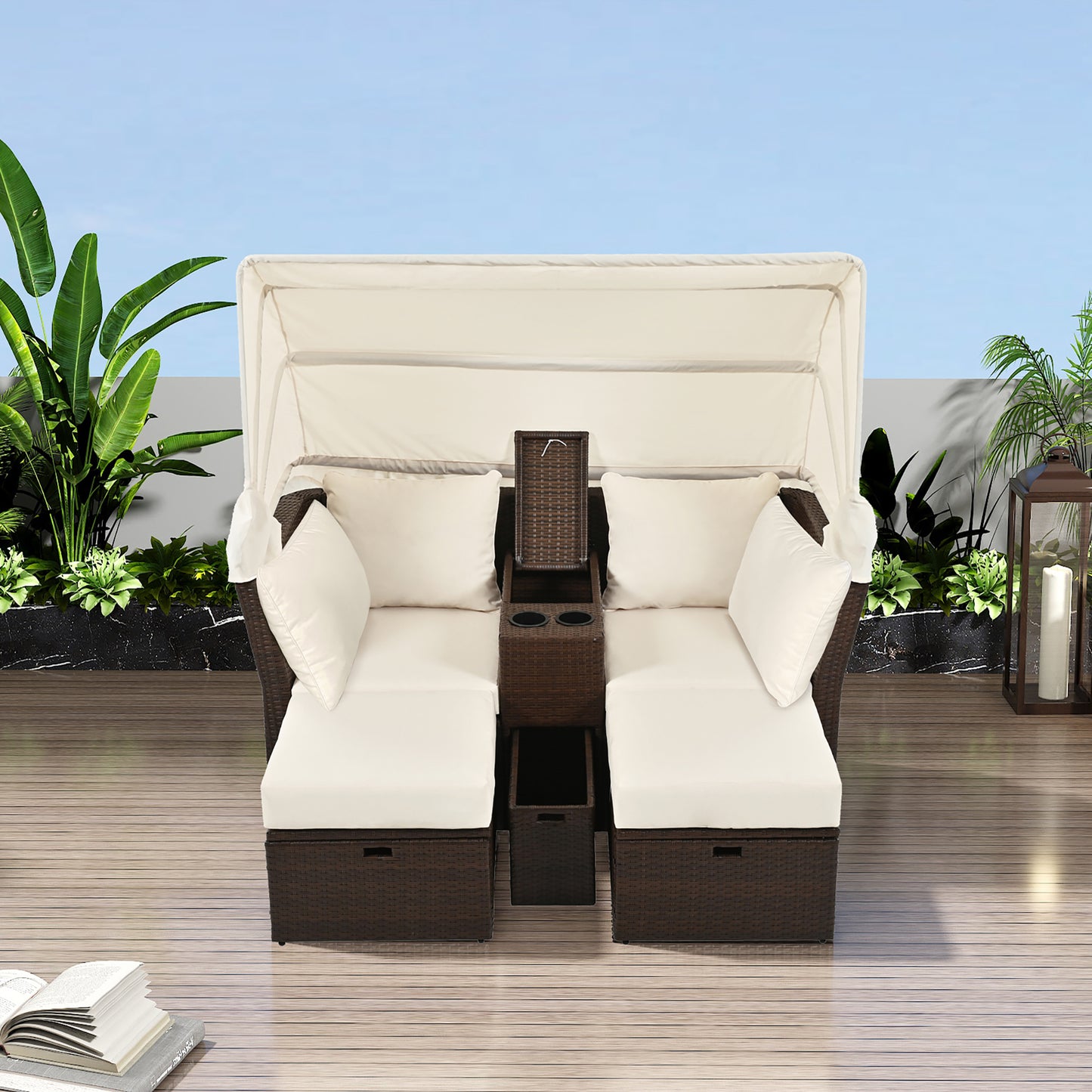 2-Seater Outdoor Patio Daybed Outdoor Double Daybed Outdoor Loveseat Sofa Set with Foldable Awning and Cushions for Garden, Balcony, Poolside, Beige ***(FREE SHIPPING)*** House to Home Furnishings LLC