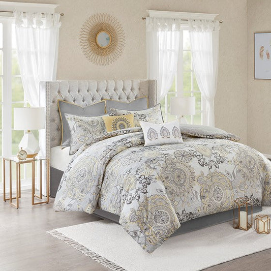 8 Piece Cotton Floral Printed Reversible Comforter Set Yellow Queen Olliix.com