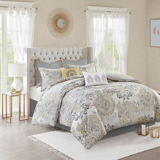 8 Piece Cotton Floral Printed Reversible Comforter Set Yellow King Olliix.com