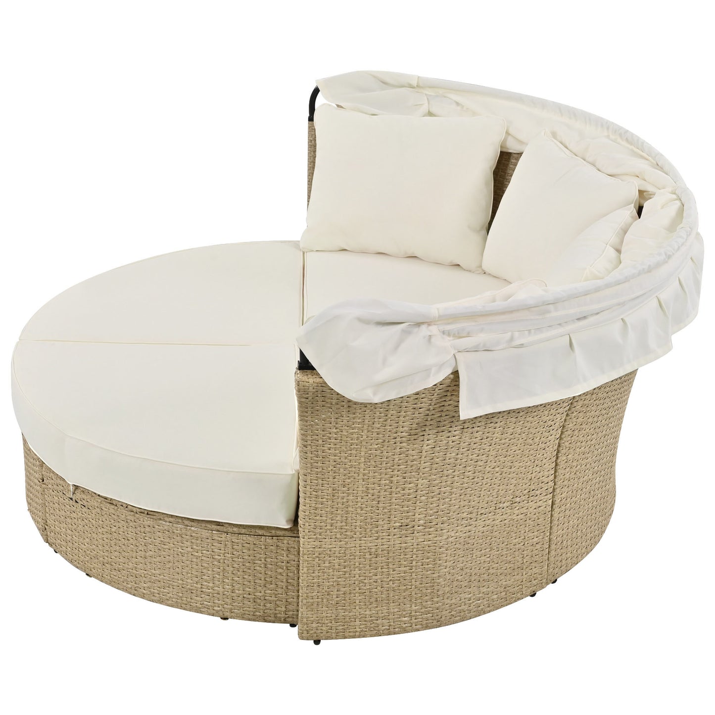 Outdoor Patio Daybed Wicker Rattan Double Daybed Round Sofa Furniture Set with Retractable Canopy, 4 Pillows for Lawn Garden Backyard Porch Pool, Beige House to Home Furnishings LLC