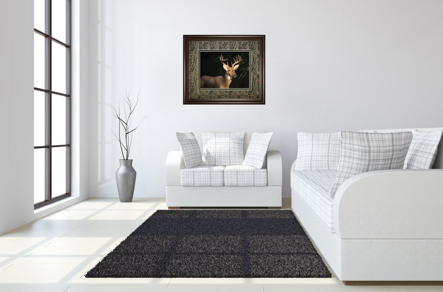 White Tail Buck By Tony Campbell Double Matted - Framed Print Wall Art - Black Classy Art