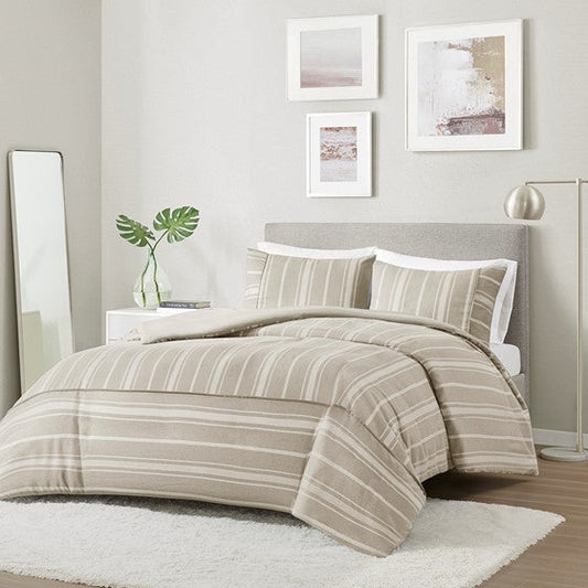 3 Piece Striped Herringbone Oversized Duvet Cover Set Taupe Full/Queen Olliix.com