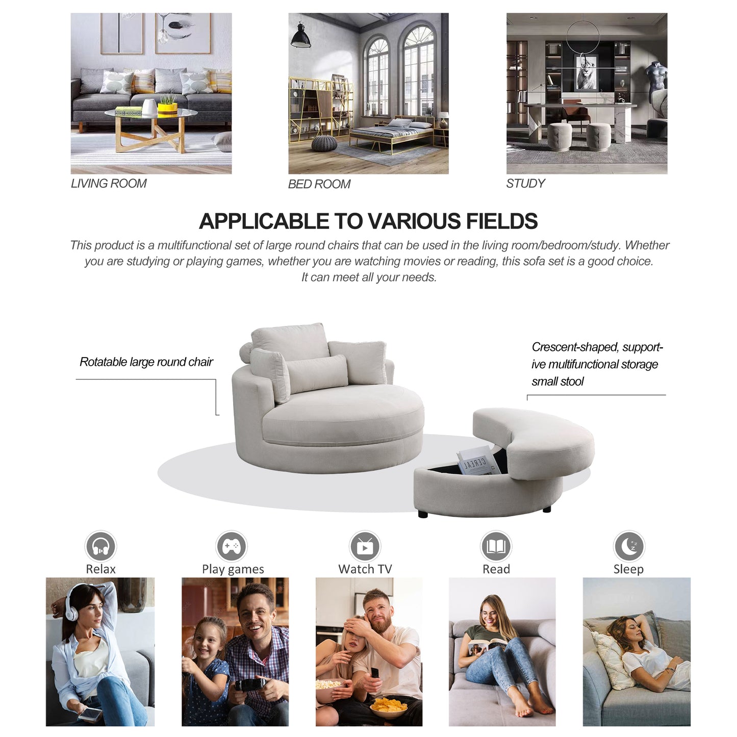 [Video] Welike Swivel Accent Barrel Modern Sofa Lounge Club Big Round Chair with Storage Ottoman Linen Fabric for Living Room Hotel with Pillows House to Home Furnishings LLC